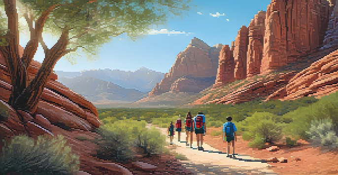 A family hiking on a beautiful trail in Red Rock Canyon, with red rock formations and greenery around them.
