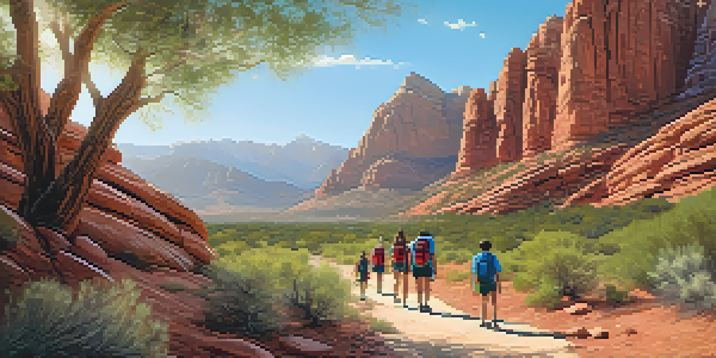 A family hiking on a beautiful trail in Red Rock Canyon, with red rock formations and greenery around them.