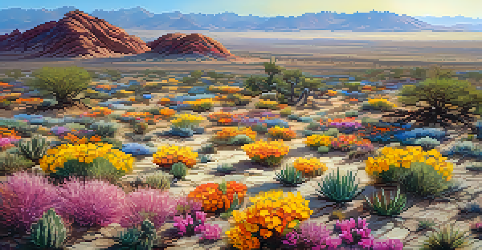 An aerial view of a blooming desert landscape with colorful wildflowers and cacti after rainfall, contrasting with dry earth.