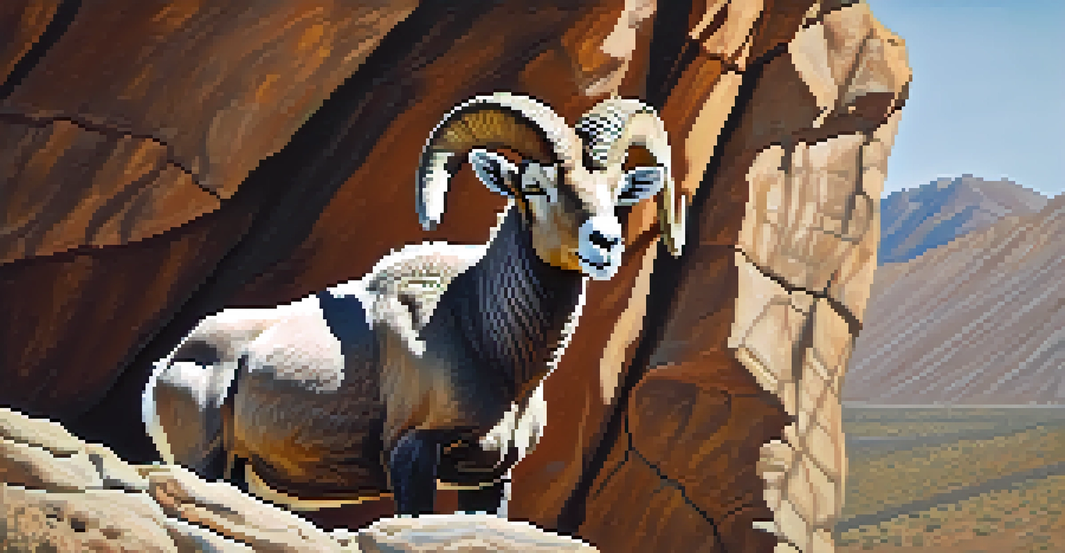 A bighorn sheep on a rocky cliff with sunlight highlighting its features.
