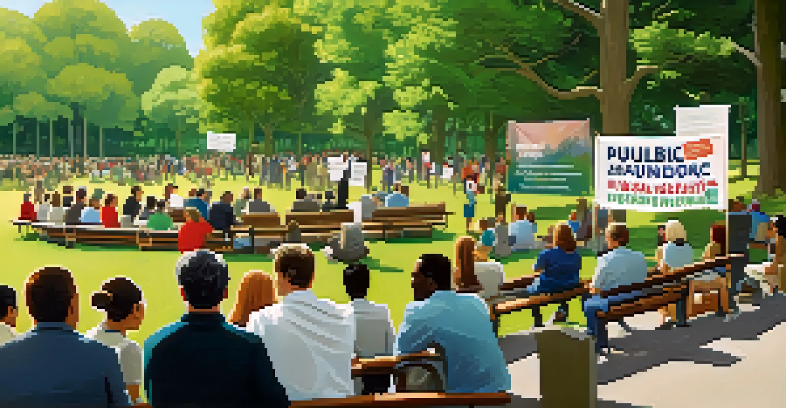 Citizens at a public hearing in a sunny park, holding signs and engaging in discussion, surrounded by greenery.