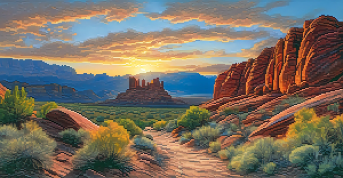 A stunning sunset view of Red Rock Canyon with vibrant rock formations and lush greenery.