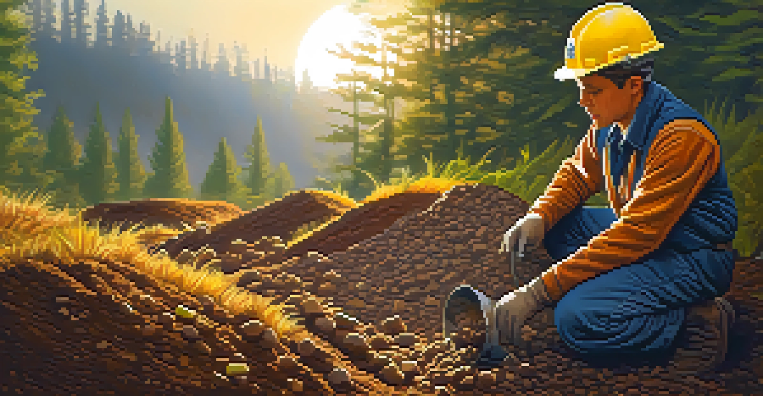 A mining engineer examining soil samples in a natural setting, with trees and sunlight filtering through the leaves.