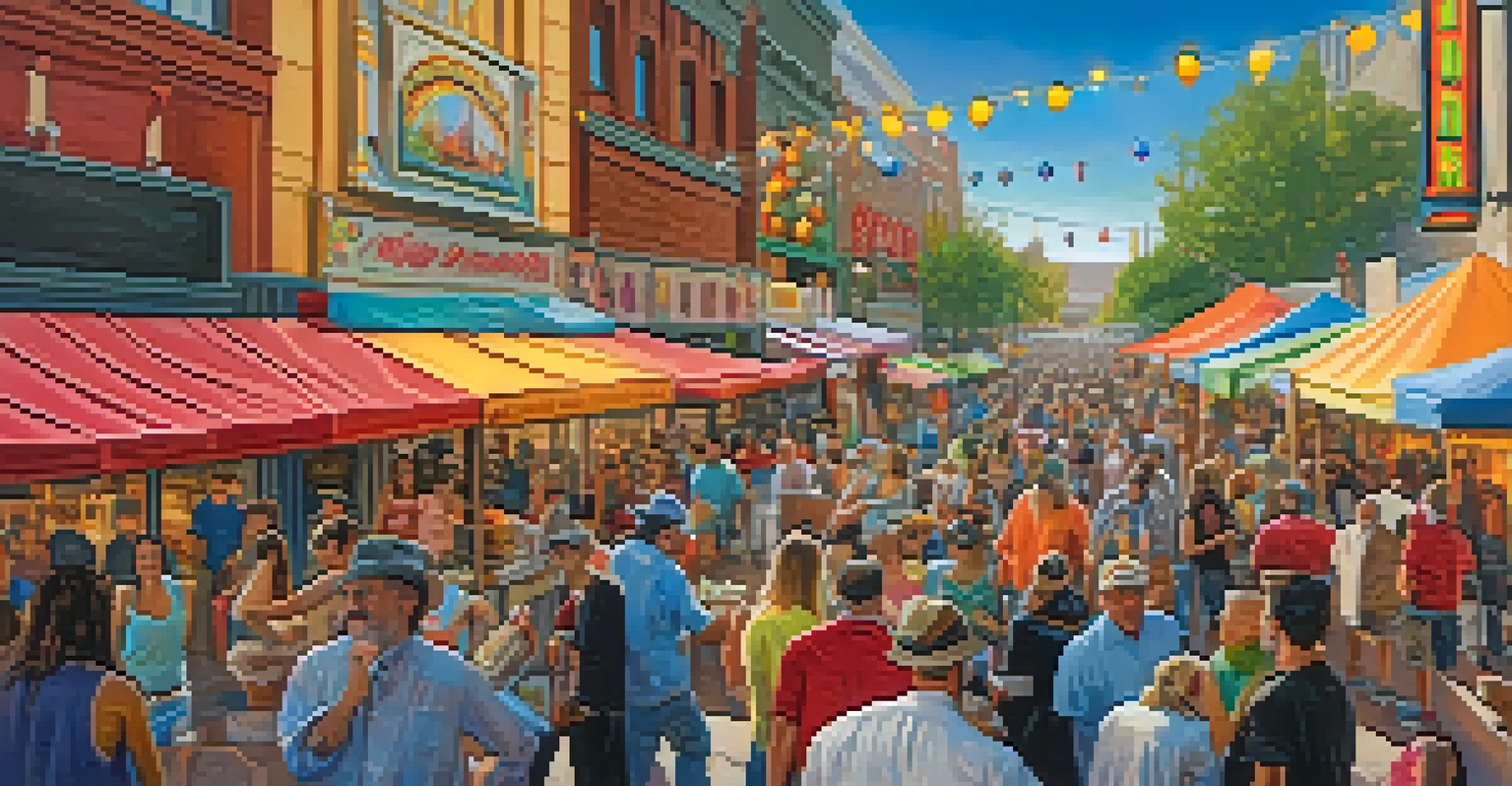 A lively festival scene in Reno with a diverse crowd enjoying street performances and food stalls, filled with colorful decorations and a vibrant atmosphere.