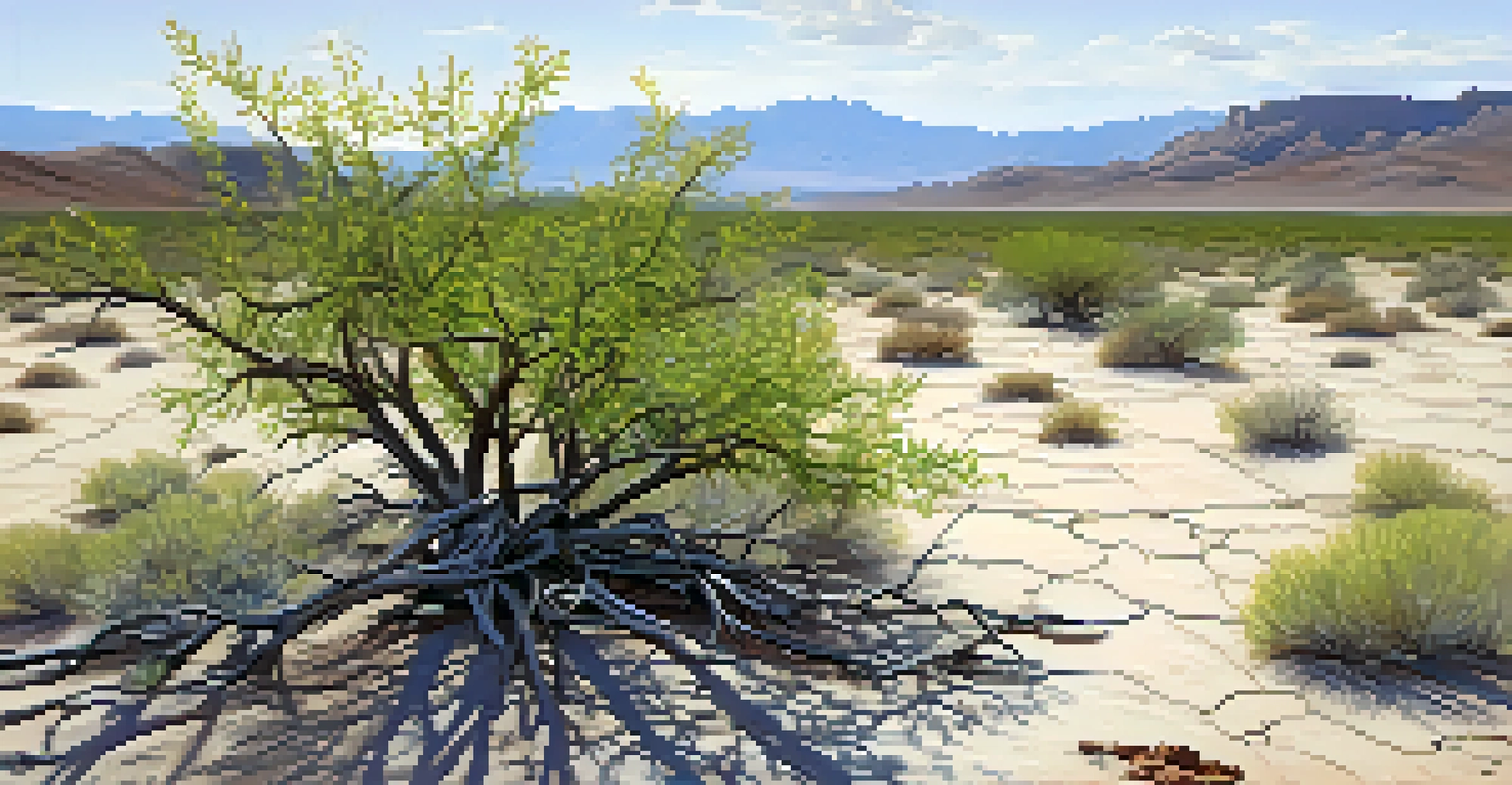 A close-up of a creosote bush set against dry earth, with blurred water pools in the background.