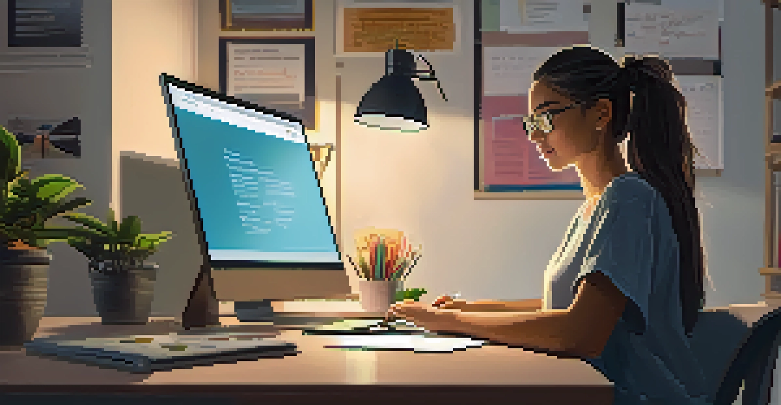 A young woman participating in an online training session at her desk, surrounded by motivational decor and soft lighting.