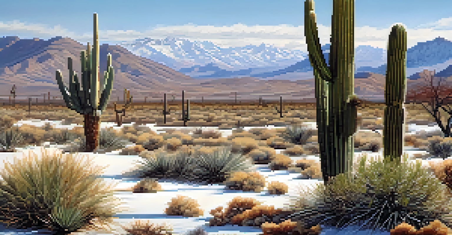 A tranquil winter desert landscape with snow covering the ground and dormant plants, against a backdrop of snow-capped mountains.