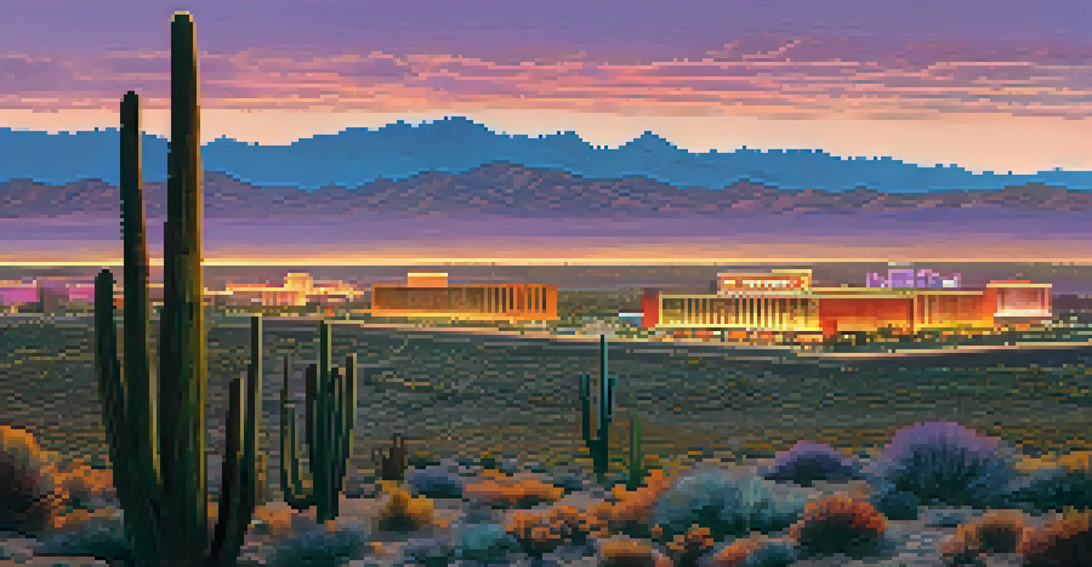 A sunset view over the Nevada desert with silhouettes of casinos against a colorful sky.
