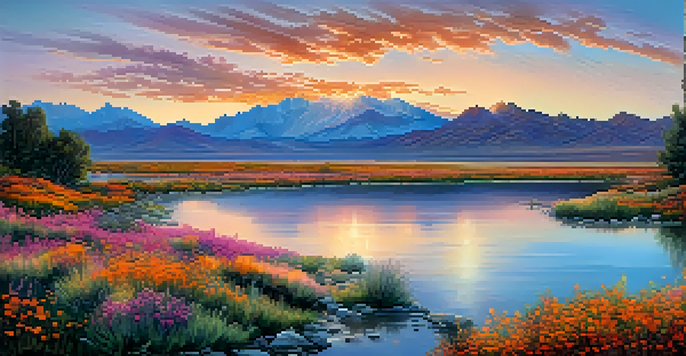 A panoramic view of Nevada's landscape at sunrise with mountains, a colorful sky, a serene lake, and blooming wildflowers in the foreground.