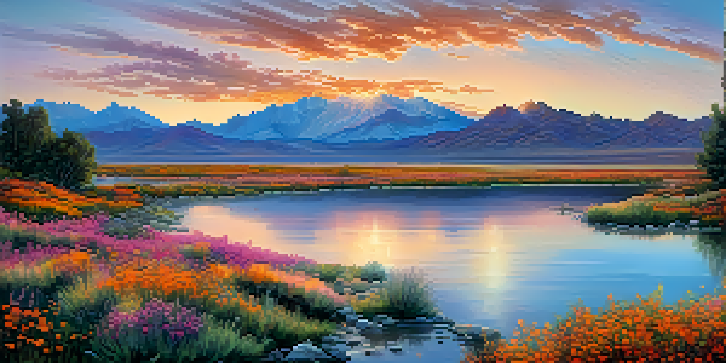 A panoramic view of Nevada's landscape at sunrise with mountains, a colorful sky, a serene lake, and blooming wildflowers in the foreground.
