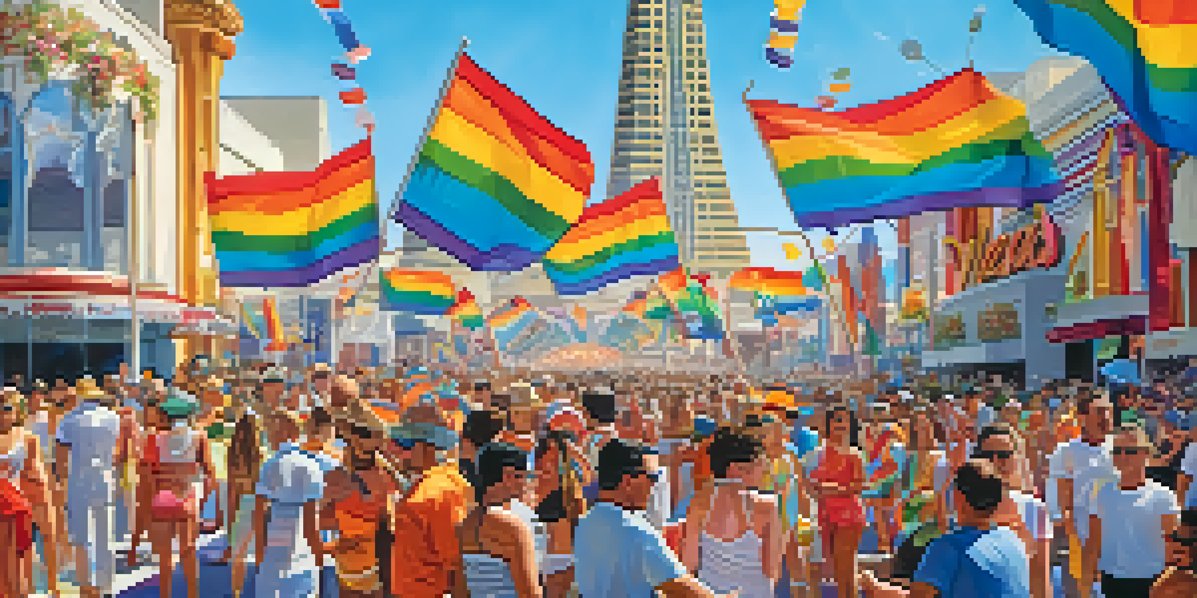 A colorful parade at the Las Vegas Pride Festival with diverse participants in bright costumes and rainbow flags, set against the iconic Las Vegas skyline.