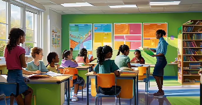 A colorful classroom with diverse students working together on science projects, guided by a teacher, with natural light illuminating the room.