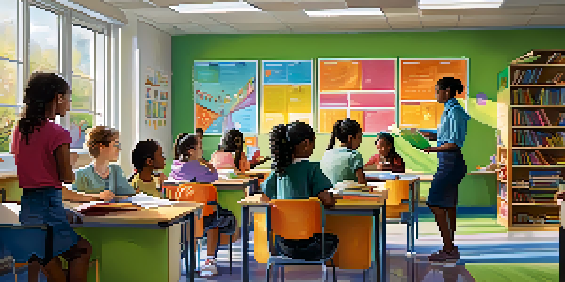 A colorful classroom with diverse students working together on science projects, guided by a teacher, with natural light illuminating the room.