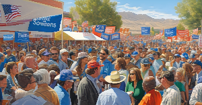 A lively political rally in Nevada with diverse voters engaging with candidates and colorful banners representing local issues.