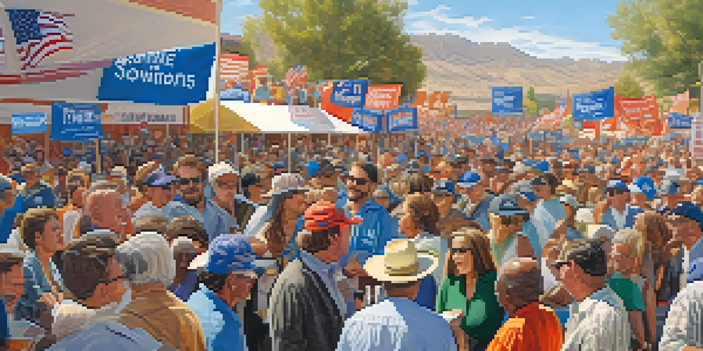A lively political rally in Nevada with diverse voters engaging with candidates and colorful banners representing local issues.