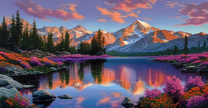 A picturesque sunset over the Sierra Nevada mountains with snow-capped peaks and blooming meadows, featuring a calm lake and hikers.