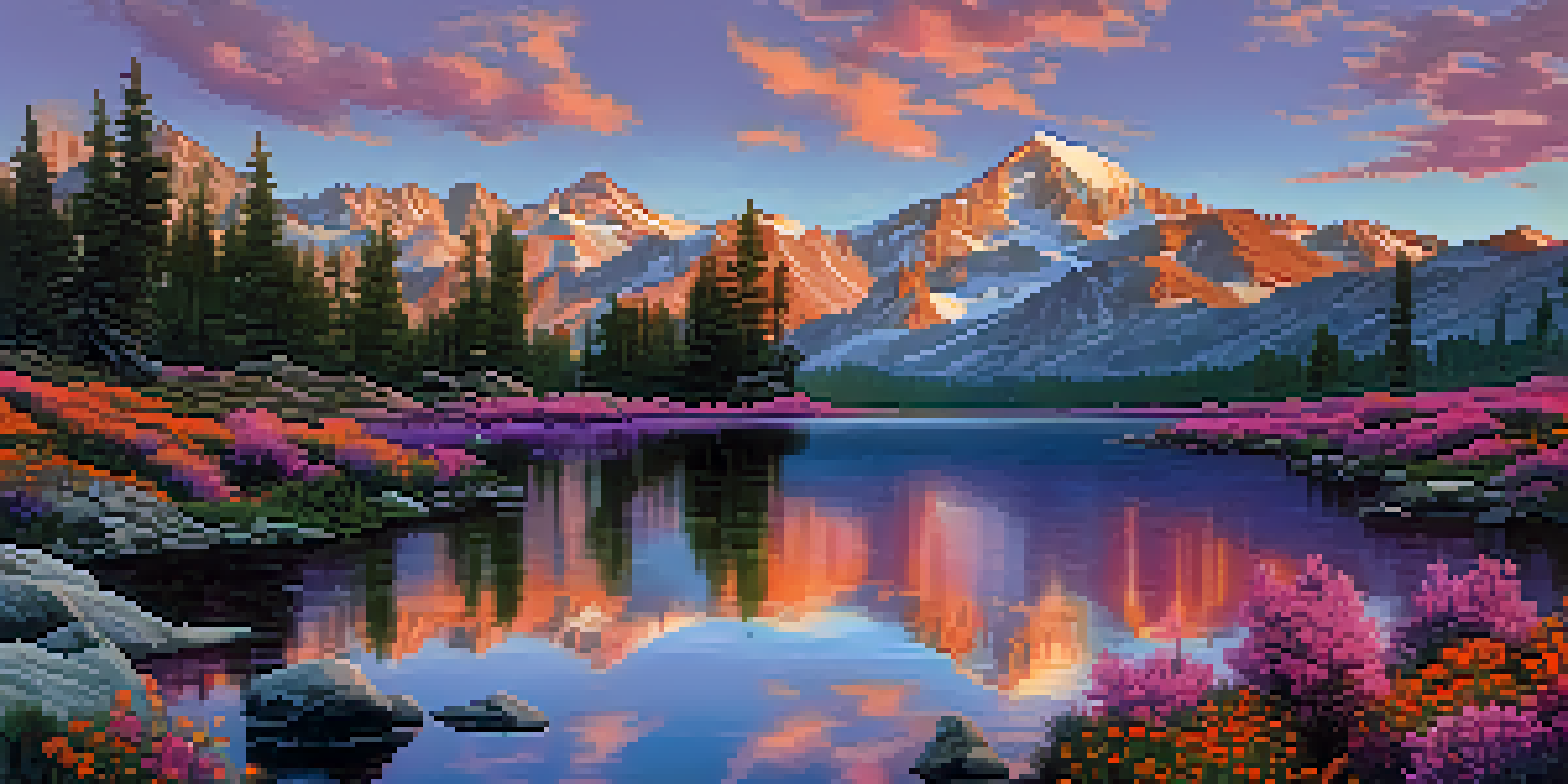 A picturesque sunset over the Sierra Nevada mountains with snow-capped peaks and blooming meadows, featuring a calm lake and hikers.
