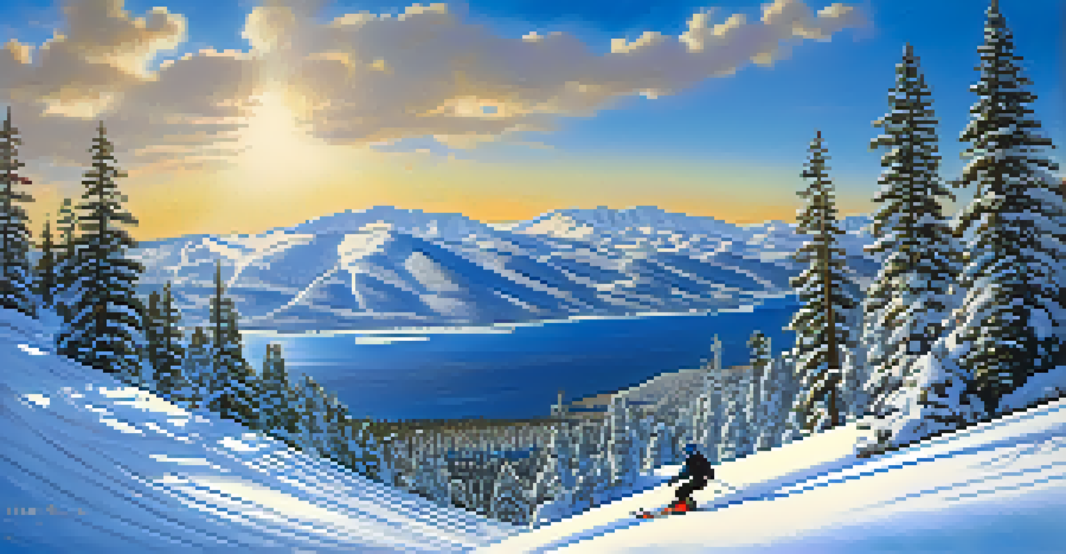 A skier descending a slope at Mt. Rose Ski Tahoe, with Lake Tahoe and mountains in the background under a blue sky.