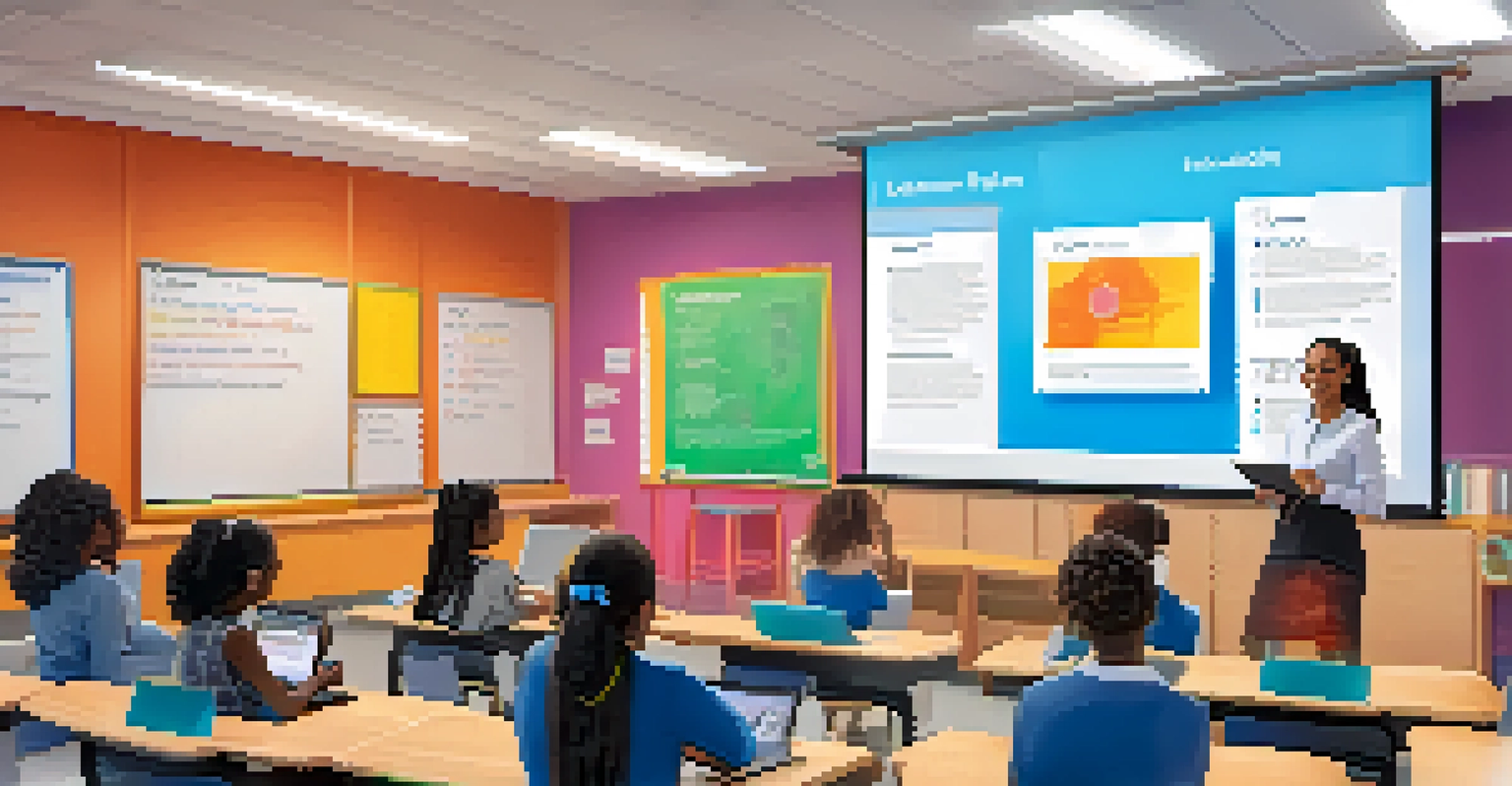 A teacher guiding students during a digital learning session in a modern classroom with laptops and a smartboard.
