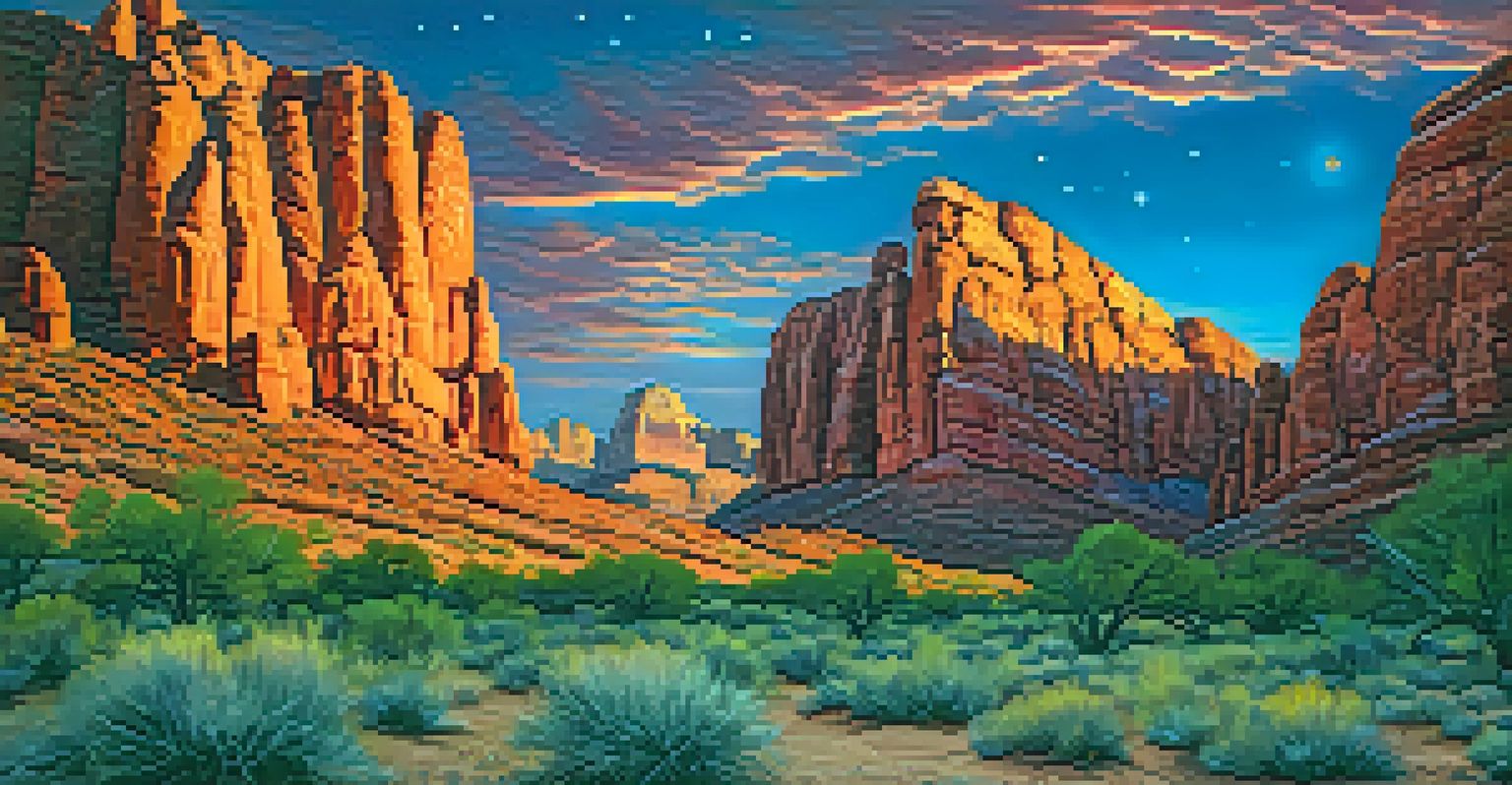 A sunset view of Red Rock Canyon with dramatic red rocks and the first stars appearing in the evening sky.