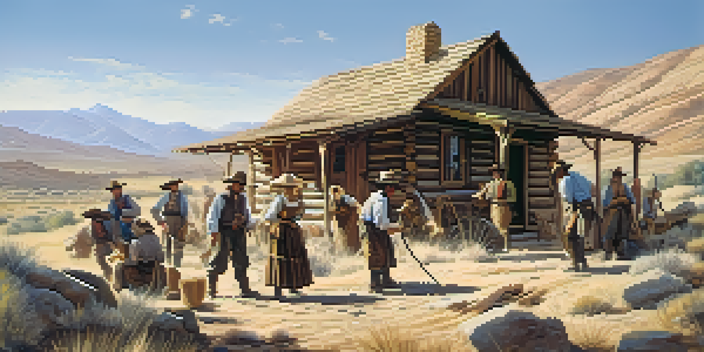 Pioneer settlers working together to build a cabin in the Nevada landscape, showcasing determination and teamwork.