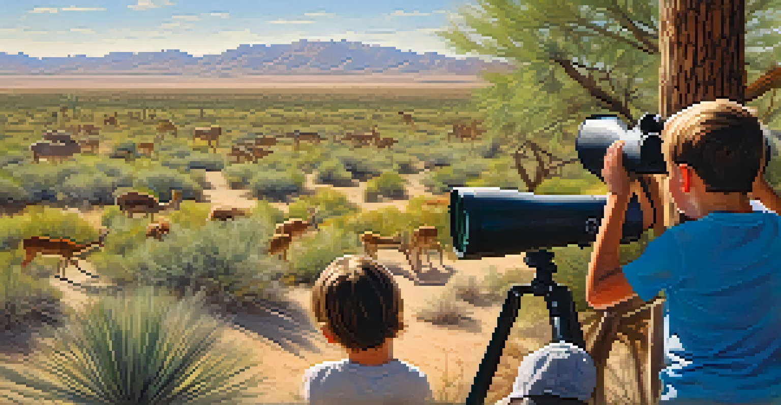 A family watching wildlife in a desert setting, using binoculars to observe animals in their natural habitat.