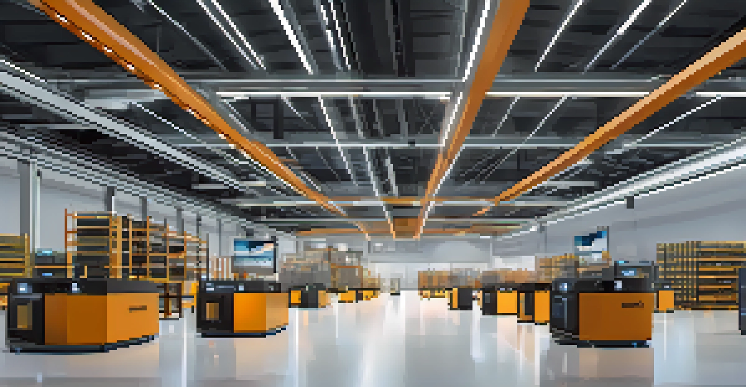 A modern logistics center displaying advanced technology for tracking shipments and automated drones in a sleek environment.