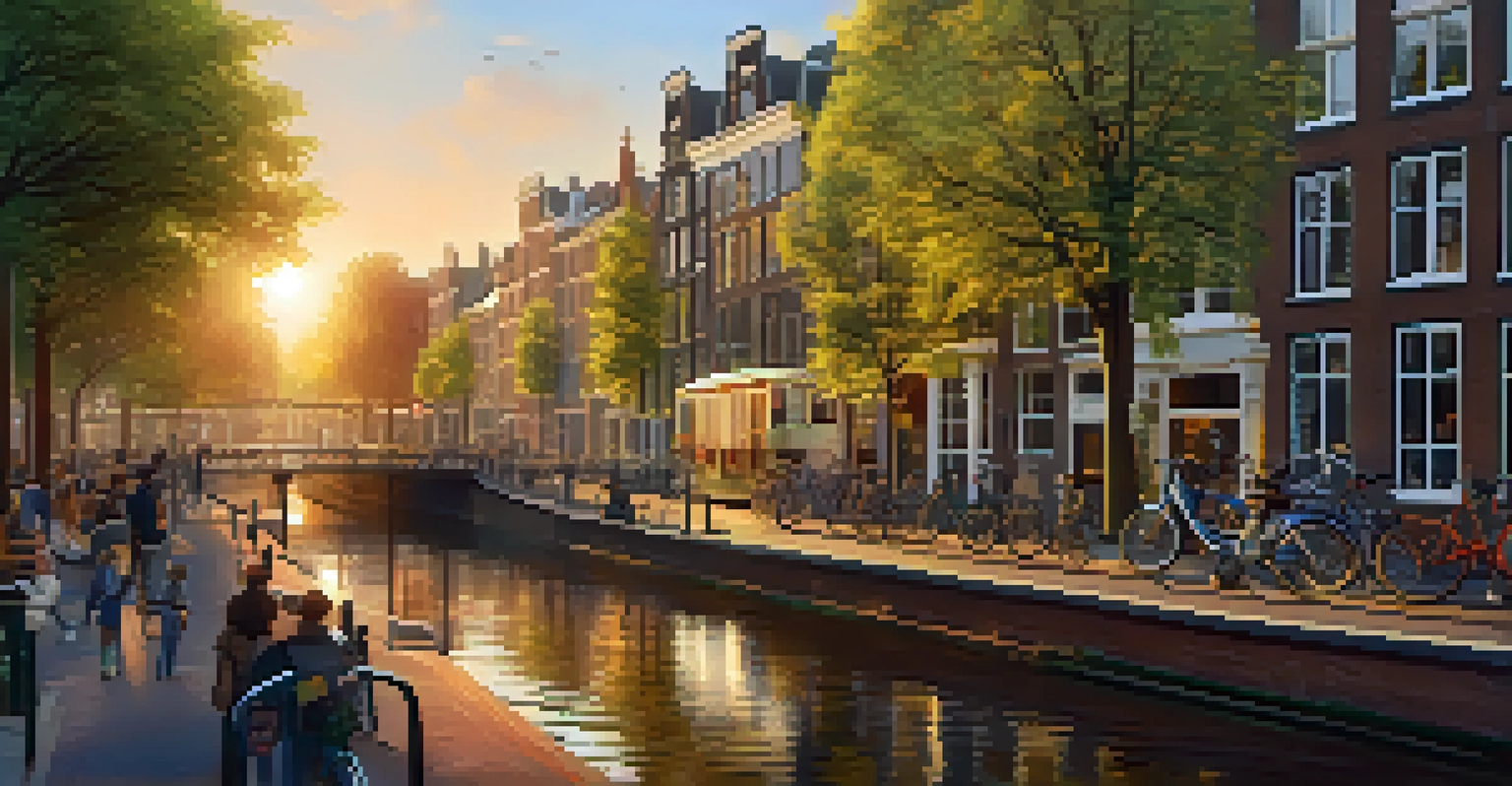 A scenic cityscape of Amsterdam showing bicycles, trams, and pedestrians along a canal during golden hour lighting.
