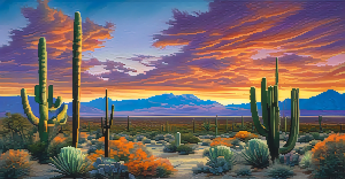A sunset view over the Mojave Desert, featuring cacti and mountains with vibrant colors in the sky.
