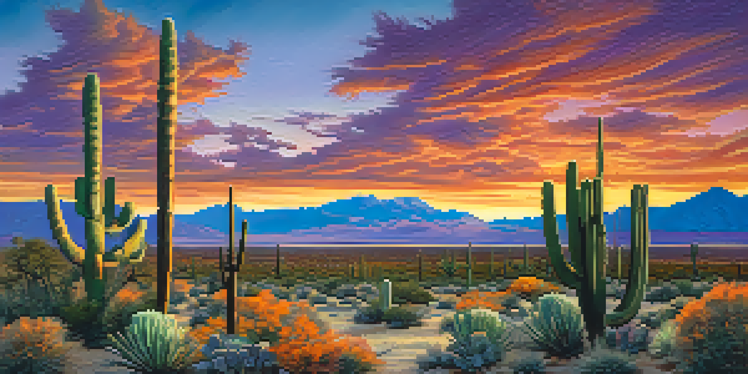 A sunset view over the Mojave Desert, featuring cacti and mountains with vibrant colors in the sky.