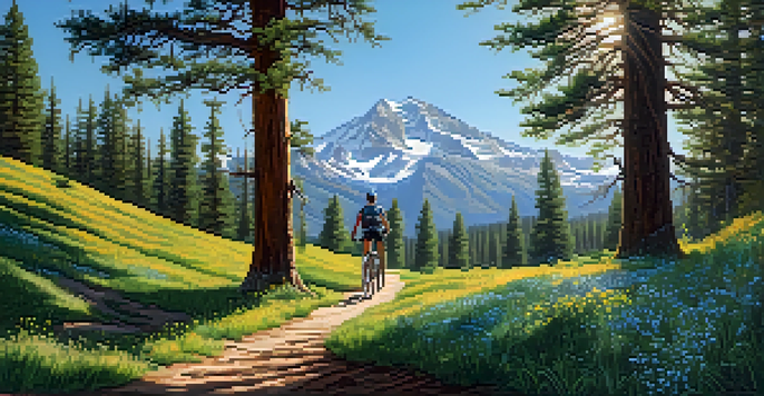 A mountain biker riding along a trail in the Sierra Nevada, surrounded by green forests and tall mountains with sunlight filtering through the trees.