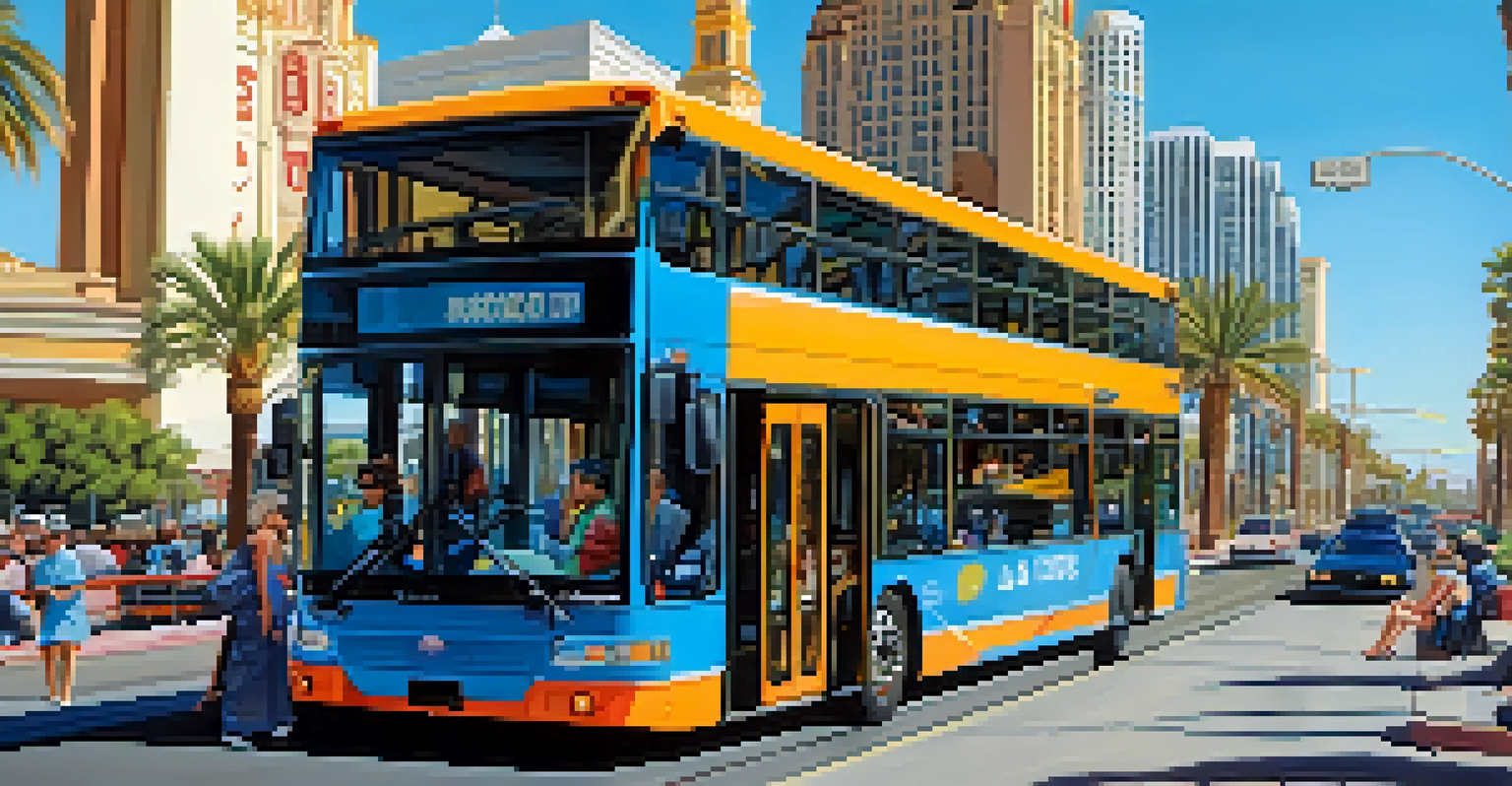 A modern public transit bus in Las Vegas with passengers, surrounded by city architecture and palm trees against a clear sky.