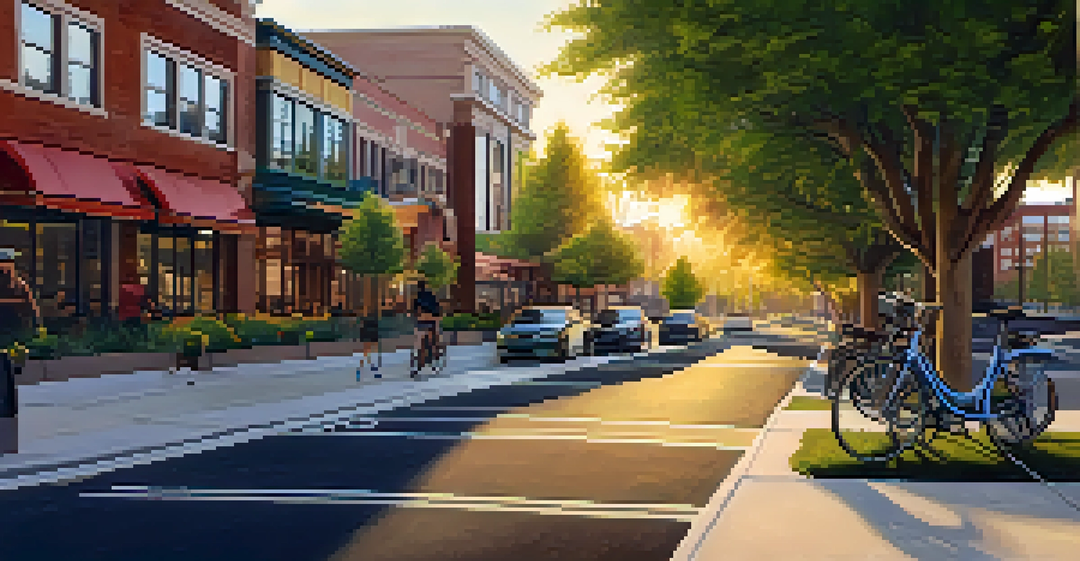 A peaceful bike-friendly street in Reno, Nevada, featuring bike lanes, pedestrians, and electric vehicle charging stations under a warm sunset.