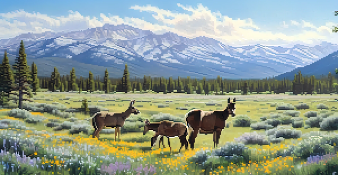 A scenic view of Great Basin National Park in spring, featuring lush forests, blooming wildflowers, and grazing mule deer under soft morning light.