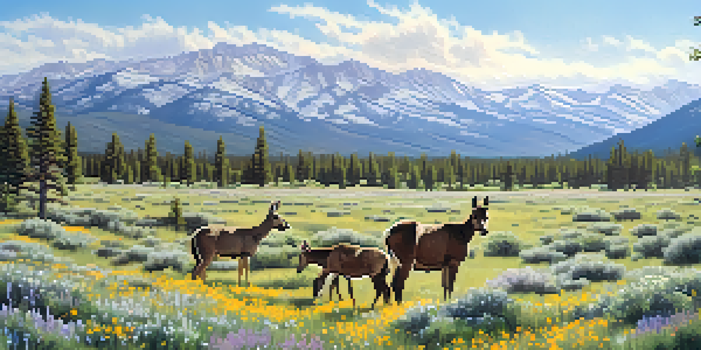 A scenic view of Great Basin National Park in spring, featuring lush forests, blooming wildflowers, and grazing mule deer under soft morning light.