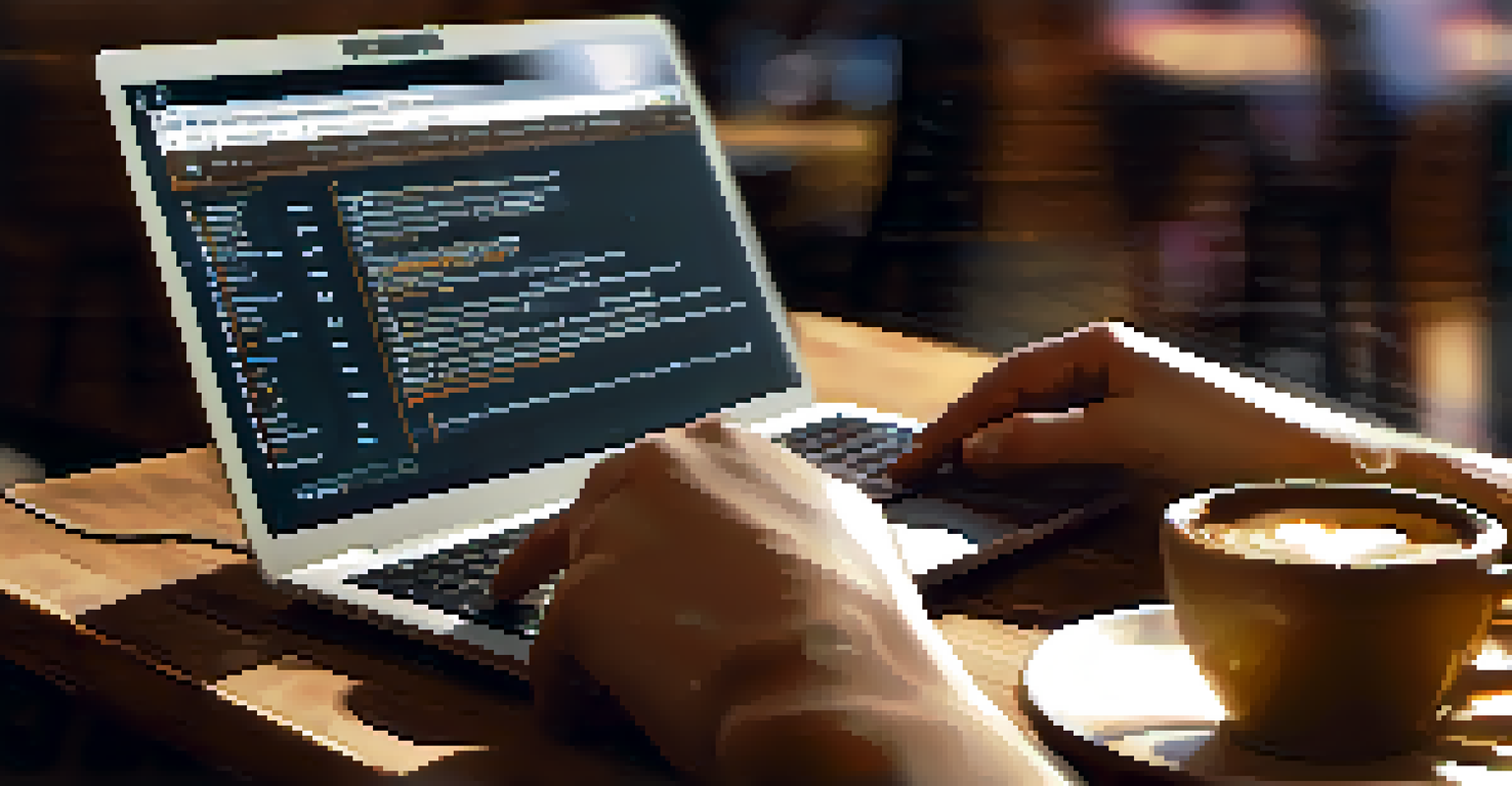 A close-up of hands typing on a laptop in a coffee shop, with a steaming cup of coffee nearby and coding software on the screen.