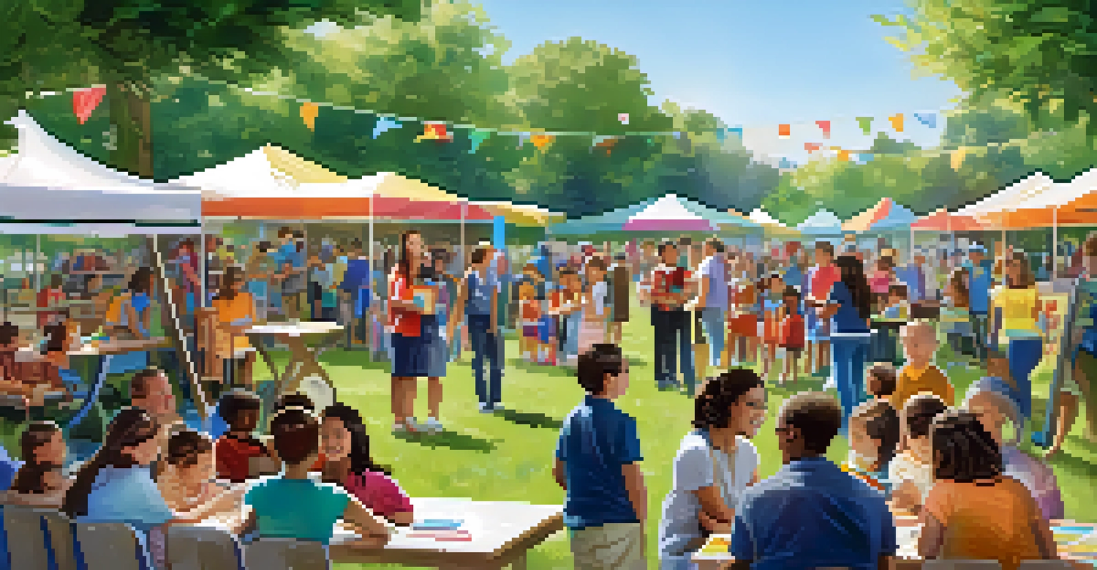 A community event with parents, teachers, and children engaging in educational activities outdoors.