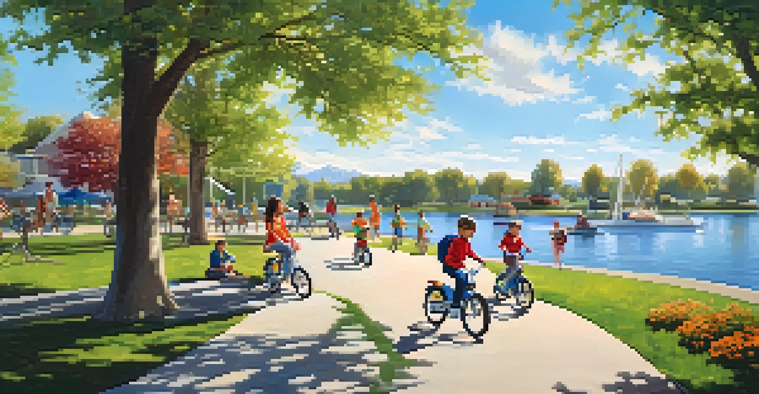 A family riding bikes around Sparks Marina Park, with children on small bikes and a sparkling lake in the background.