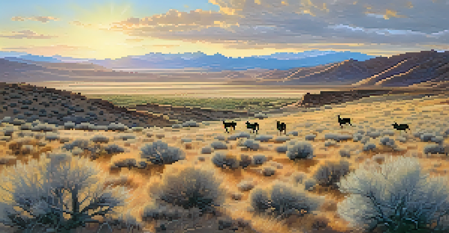 A semi-arid landscape in northern Nevada with sagebrush, juniper trees, and grazing deer during golden hour.