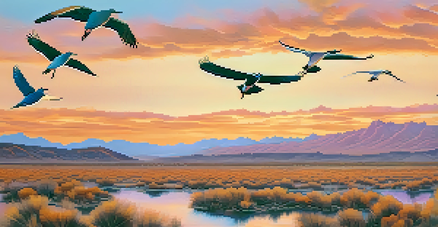A colorful illustration of migratory birds flying over Nevada's landscapes during sunset, highlighting the effects of climate change.