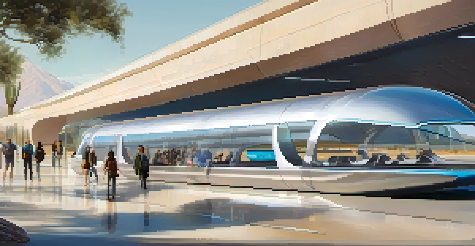 A futuristic Hyperloop station with sleek pods and passengers boarding, surrounded by glass walls and modern design.