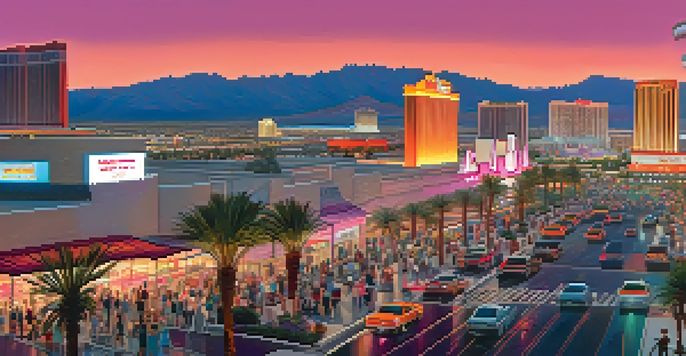 A panoramic view of the Las Vegas skyline during sunset with orange and pink hues, busy street and palm trees.