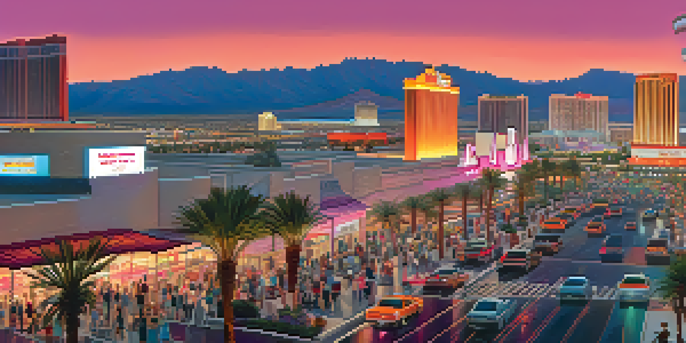 A panoramic view of the Las Vegas skyline during sunset with orange and pink hues, busy street and palm trees.