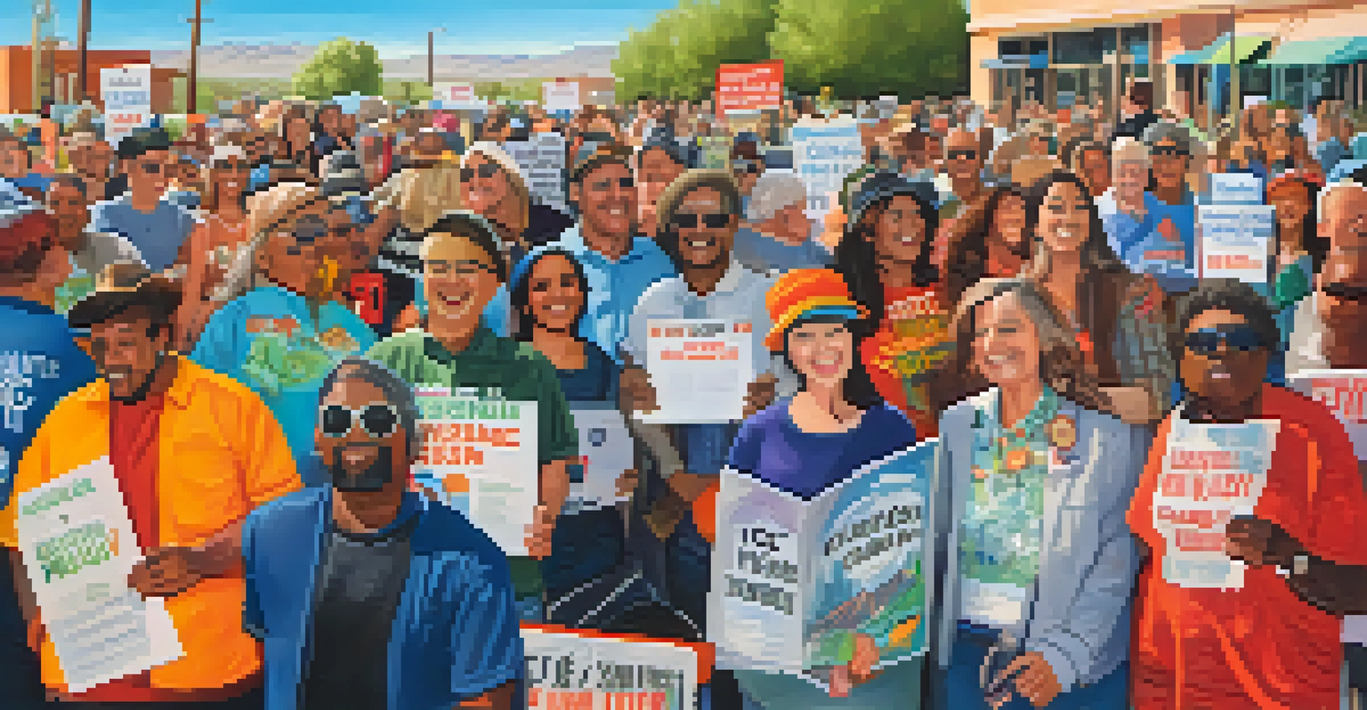 A close-up shot of a community organizing event with diverse individuals holding signs for climate change and social justice.