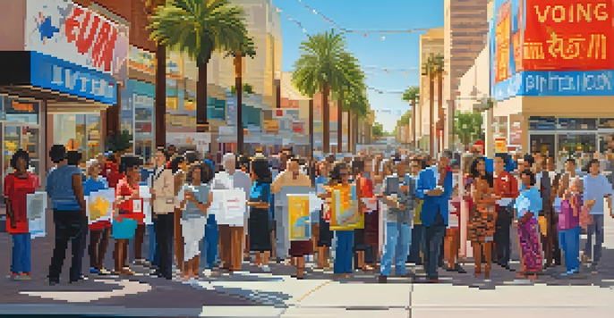 A lively outdoor voting event in Las Vegas with diverse voters of various ethnicities discussing and sharing opinions under bright sunlight.