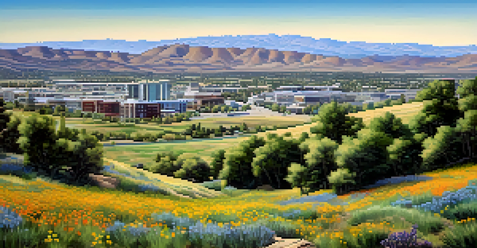A serene landscape of Reno-Sparks area with wildflowers, green hills, and modern buildings under a blue sky.