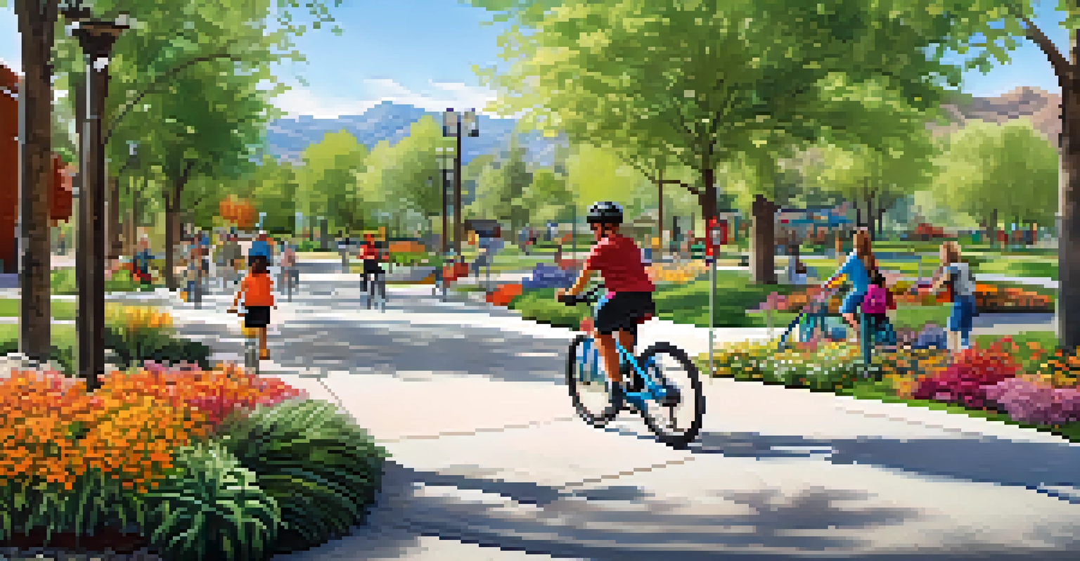 A community park in Nevada filled with people biking and walking along green paths and flower beds, promoting active transportation.
