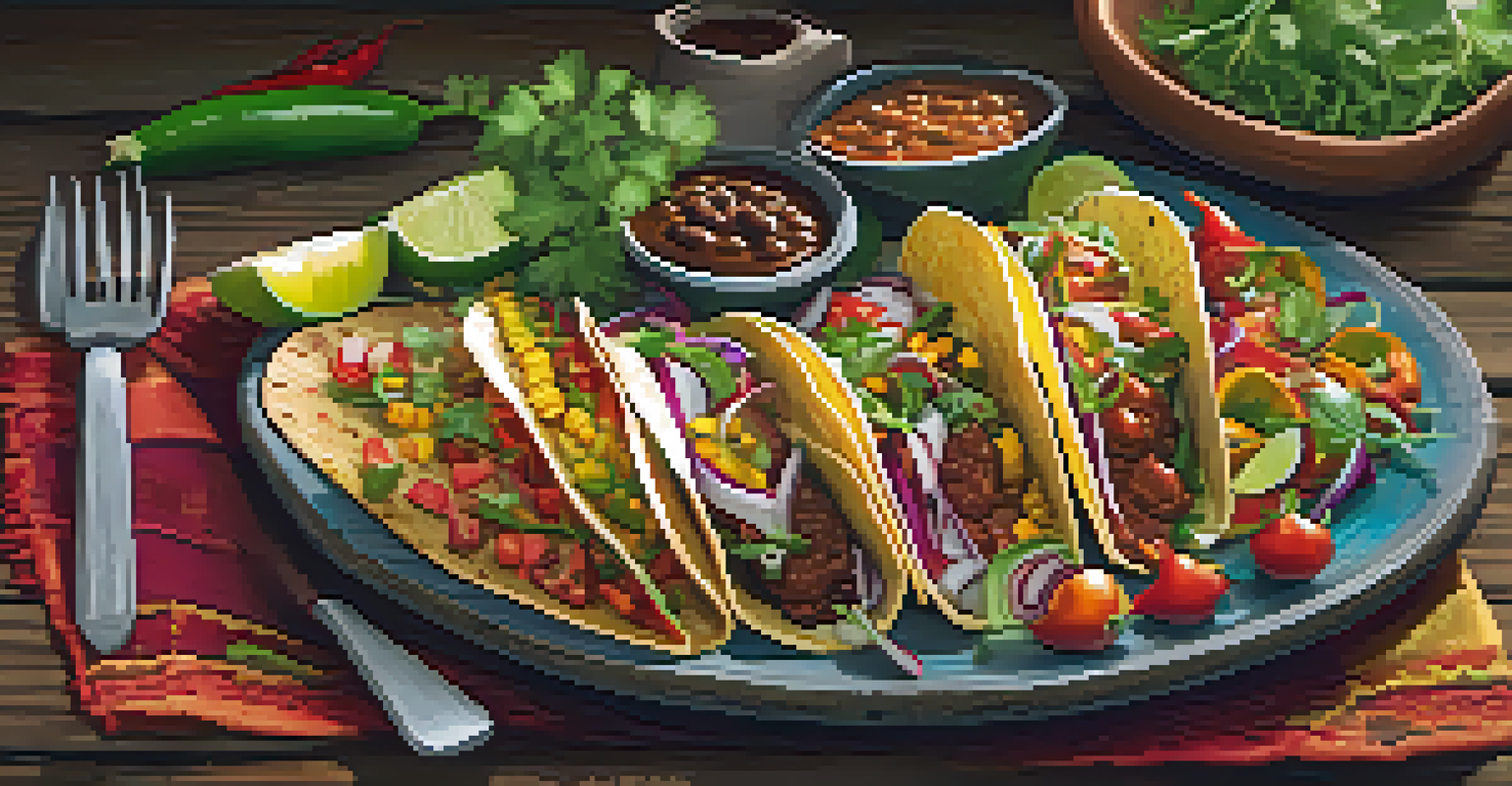 A plate of traditional Hispanic cuisine, including tacos and enchiladas, beautifully arranged with fresh herbs and vegetables.