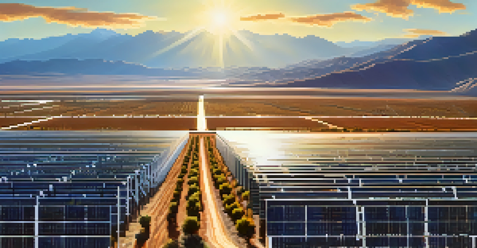 A solar farm in Nevada with rows of solar panels under a clear blue sky and mountains in the background, symbolizing renewable energy.