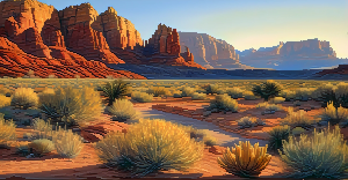 A panoramic view of Red Rock Canyon at sunset, highlighting red rock formations and a blue sky with golden light.